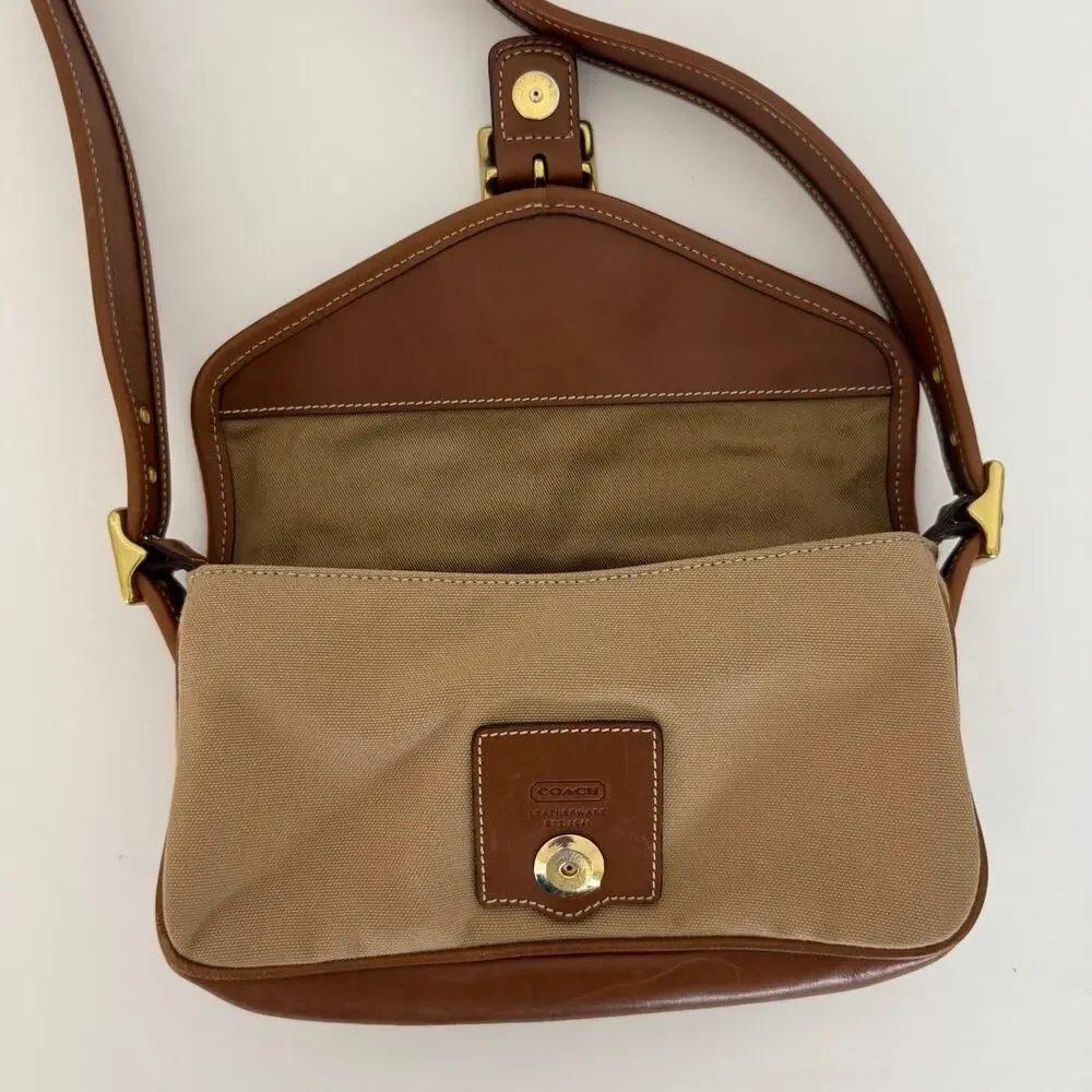 Coach Legacy Demi Flap Shoulder Bag Tan Canvas Brown Leather Trim 9120
